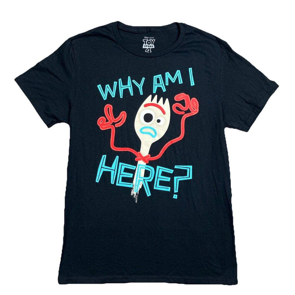 Disney Pixar T-Shirt Womens M Black Toy Story Forky Why Am I Here? Graphic New